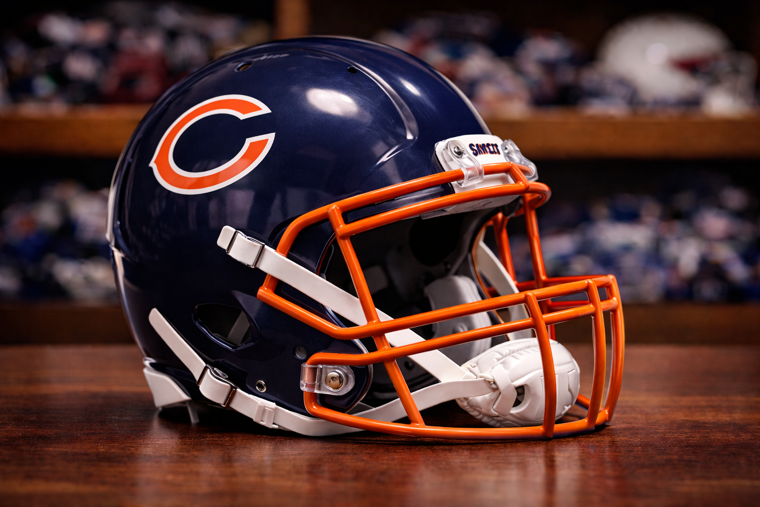 Chicago Bears helmet on wooden surface