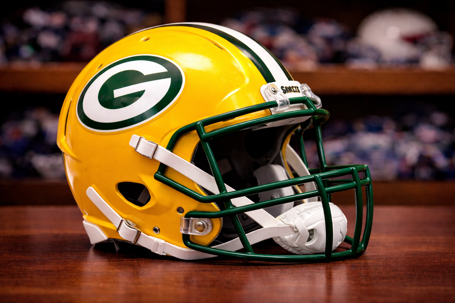Green Bay Packers helmet in locker room