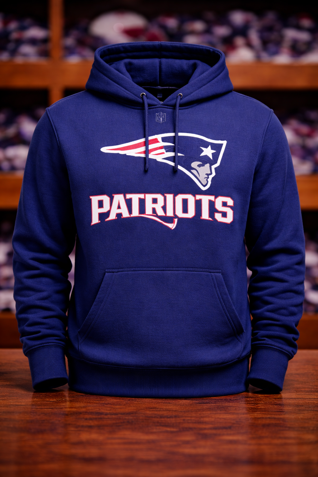 Patriots hoodie on wooden surface